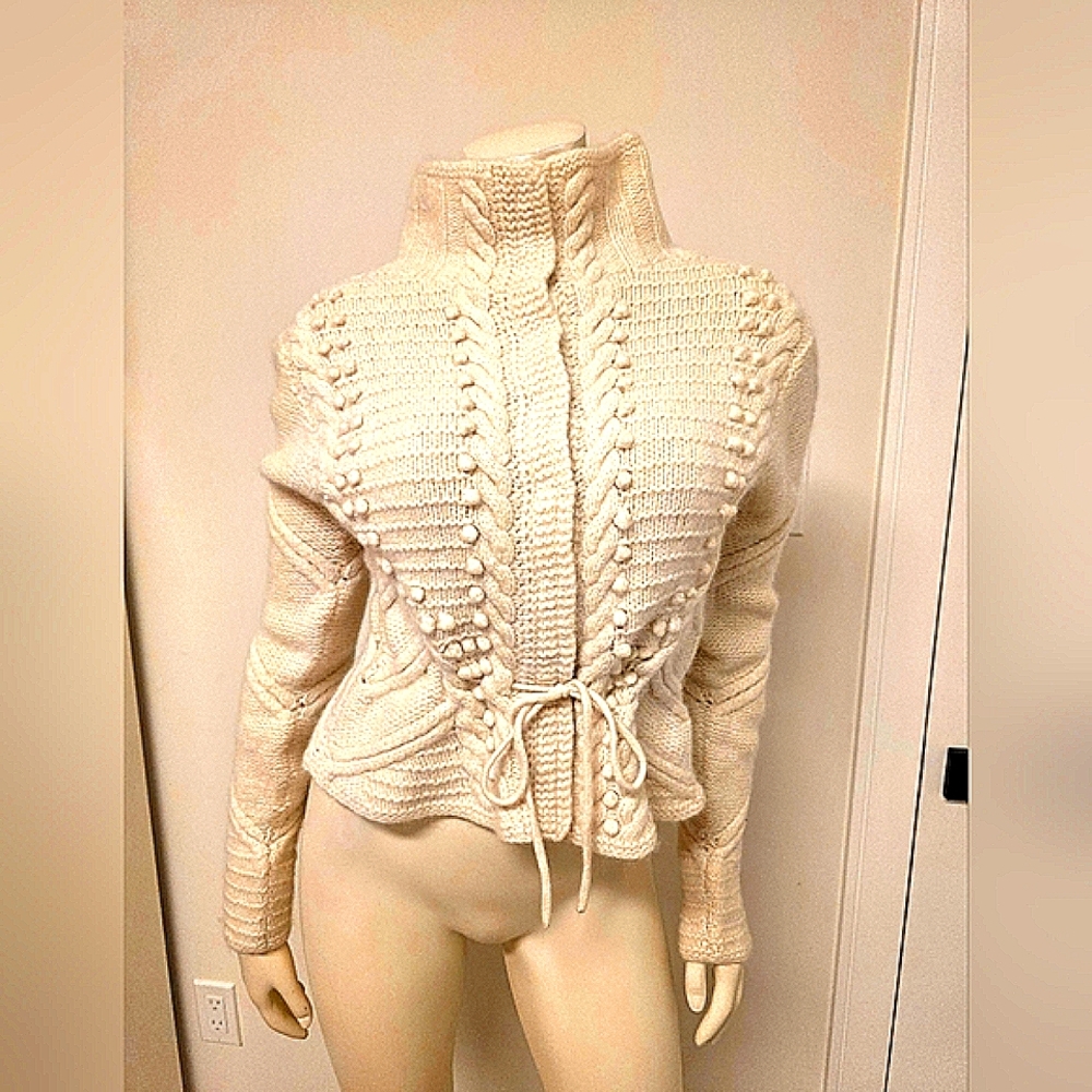 H&M Cream Hand Knitted Belted Cardigan Blazer XS Lamb Wool & Angora